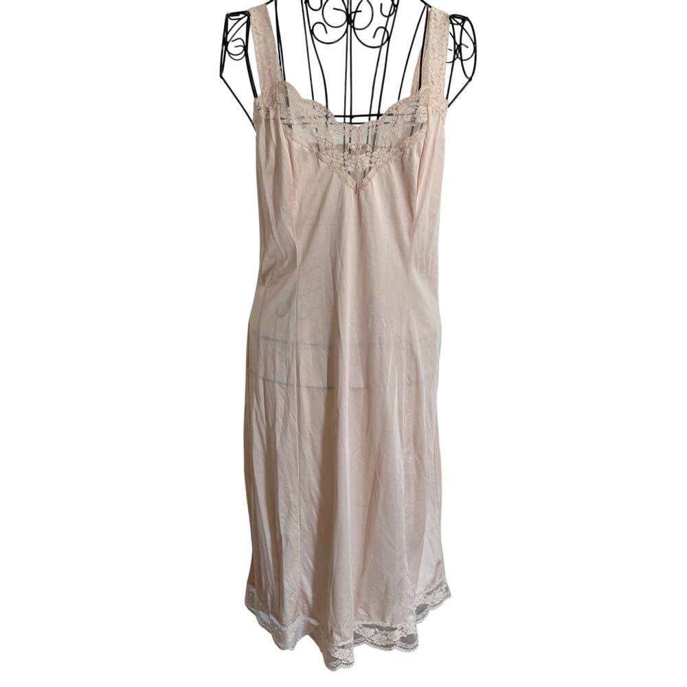 Vintage Y2K OLGA Satiny Stretch Midi Nightgown Slip Lace Glam Retro Beige